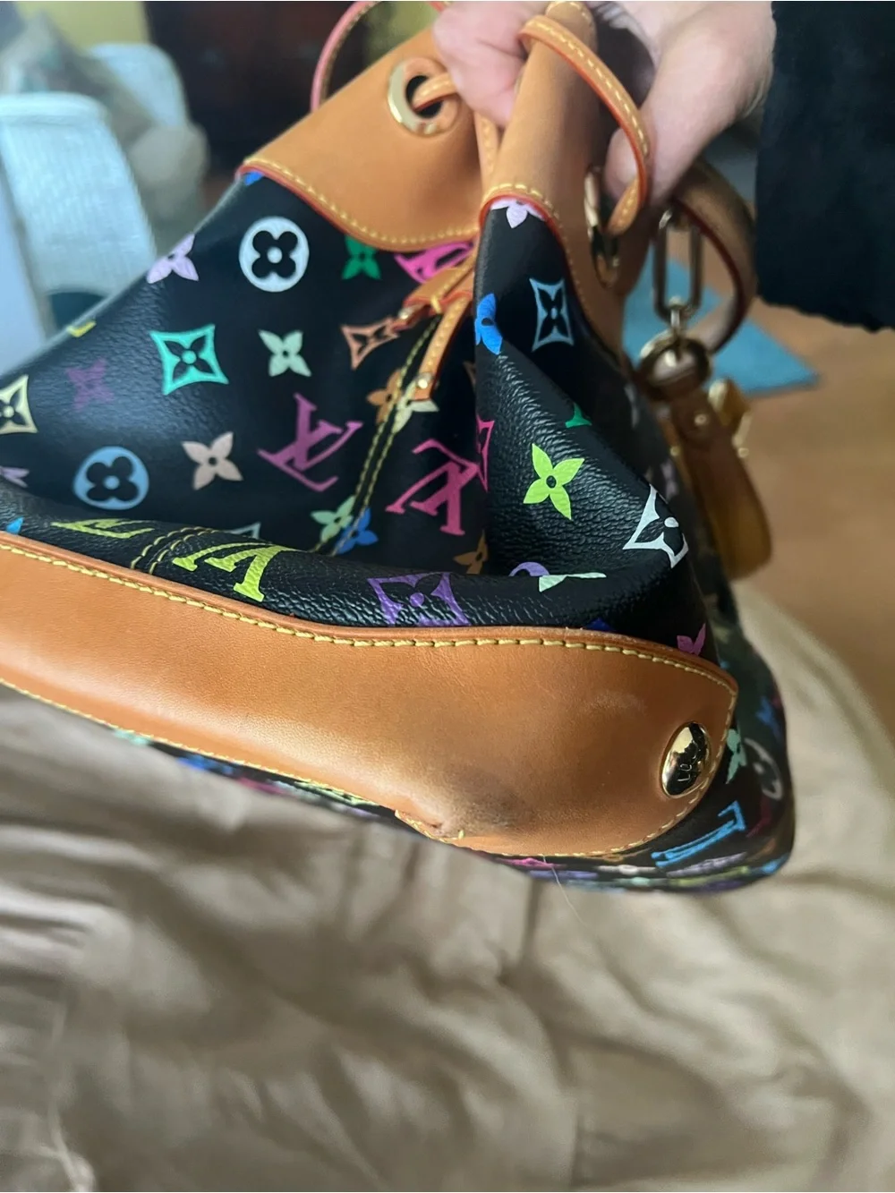 Louis Vuitton Ursela- Black Multicolor Monogram Shoulder Bag with Tan Trim - Picture 9 of 13
